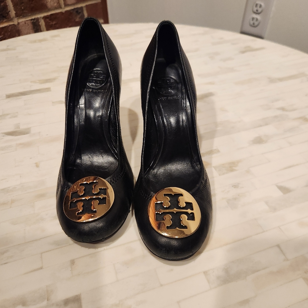 Tory Burch Black Wedge Heels with Gold Emblem